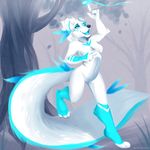  anthro barefoot big_tail black_nose blue_eyes breasts canine cute cyan_eyes cyan_fur cyan_tongue female fluffy_tail forefinger forest fur geekidog magic mammal markings nude on_one_leg open_mouth paws pose seductive socks_(marking) solo standing tree white_fur wolf 