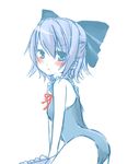  blue_eyes blue_hair blush cirno from_side hair_ribbon mushi_baibai one-piece_swimsuit ribbon solo swimsuit touhou 