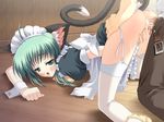  1boy 1girl animal_ears ass blood blush cat_ears cat_tail cat_tails censored clothed_sex cum cum_in_pussy green_hair maid open_mouth sex short_hair tail thighhighs thighs tongue virgin white_legwear white_thighhighs 