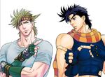  bad_id bad_pixiv_id blonde_hair blue_eyes caesar_anthonio_zeppeli facial_mark feathers fingerless_gloves gkgk13 gloves hair_feathers headband jojo_no_kimyou_na_bouken joseph_joestar_(young) multiple_boys one_eye_closed scarf 