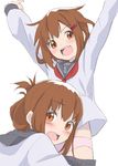  arms_up blush brown_eyes brown_hair embarrassed errant fang folded_ponytail hair_ornament hairclip ikazuchi_(kantai_collection) inazuma_(kantai_collection) kantai_collection long_sleeves multiple_girls open_mouth panties pink_panties school_uniform serafuku short_hair smile underwear 