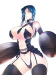  1girl blue_hair breasts city fire giantess haganef highres large_breasts night short_hair thighhighs 