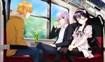  1girl 2boys black_hair blonde_hair bottle closeded_eyes eyes_closed game_cg hayakawa_harui highres long_hair mizuhara_tooru multiple_boys okushiro_yuki shoujo_shin'iki_shoujo_tengoku sitting takagi_shun the_garden_of_fifth_zoa train 