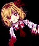  ascot bad_id bad_pixiv_id black_background blonde_hair blood blood_on_face bloody_clothes daimaou_ruaeru dark hair_ribbon hairband long_sleeves looking_at_viewer red_eyes ribbon rumia short_hair simple_background smile solo touhou 