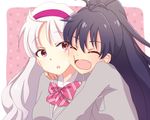  black_hair face-to-face fang ganaha_hibiki grey_hair hairband hug idolmaster idolmaster_(classic) long_hair mini39mame multiple_girls ponytail purple_eyes purple_hairband ribbon school_uniform schooldays_blazer shijou_takane smile 