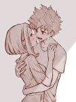  1boy 1girl blush boku_no_hero_academia collarbone couple freckles hetero horoyoi_(kkcp4442) hug imminent_kiss messy_hair midoriya_izuku monochrome open_mouth ribbed_shirt shirt short_hair sidelocks spot_color sweatdrop t-shirt upper_body uraraka_ochako 