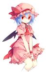  bat_wings blue_hair dress hat kazeharu looking_at_viewer red_eyes remilia_scarlet short_hair short_sleeves simple_background skirt solo touhou v_arms white_background wings wrist_cuffs 