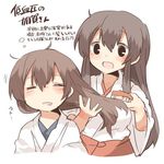  akagi_(kantai_collection) bad_id bad_twitter_id brown_hair brush brushing_another's_hair closed_eyes hair_brush hair_brushing holding holding_brush holding_hair kaga_(kantai_collection) kantai_collection long_hair lowres multiple_girls open_mouth rebecca_(keinelove) short_hair sleepy translation_request 