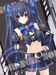  bad_id bad_pixiv_id belt black_hair bow breasts crop_top hand_on_hip kagura_ittou kami_jigen_game_neptune_v long_hair looking_at_viewer medium_breasts midriff miniskirt navel neptune_(series) noire red_eyes skirt smile solo twintails 