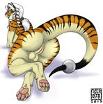  anus balls breasts buckle dragon feline hair herm hybrid intersex looking_at_viewer looking_back mammal nude plain_background ponytail pussy smile solo stripes tiger tigergear white_hair 
