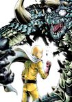  absurdres bald blurry cape depth_of_field highres horns male_focus monster one-punch_man saitama_(one-punch_man) superhero taro9999 