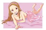  :d barefoot bed_sheet blush breasts brown_hair egooo feet fingernails hairband happy idolmaster idolmaster_(classic) indoors legs_up long_fingernails long_hair looking_at_viewer lying minase_iori naked_sheet nipples nude on_stomach open_mouth pointing red_eyes small_breasts smile soles solo the_pose 