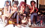  4girls amanchu! amano_kozue barefoot blue_eyes blush breasts brown_eyes brown_hair collarbone feet green_eyes grey_hair grin hair_ornament hairclip highres jeans katori_mato kneeling kohinata_hikari legs legs_crossed lips long_hair looking_at_viewer looking_back multiple_girls ninomiya_ai nipples one-piece_swimsuit ooki_futaba open_mouth pink_hair ponytail scuba short_hair single_sock sitting smile soles swimsuit toes topless towel towel_on_head twintails undressing wet wetsuit wink yellow_eyes 