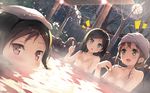  3girls :d :o azuki_azusa bath black_hair blue_eyes blush breasts brown_hair dutch_angle flat_chest green_eyes hentai_ouji_to_warawanai_neko. highres kantoku maimaki_mai moon multiple_girls night nipples nude onsen open_mouth partially_submerged red_eyes short_hair smile steam submerged towel towel_on_head tree tsutsukakushi_tsukiko water wet 