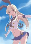  anchor black_panties blonde_hair crop_top crop_top_overhang day elbow_gloves errant gloves kantai_collection long_hair midriff miniskirt navel outstretched_arms panties shimakaze_(kantai_collection) skirt skirt_lift solo underwear white_gloves wind wind_lift 