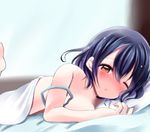  after_sex barefoot bed black_hair blush breasts brown_eyes error haguro_(kantai_collection) kantai_collection looking_at_viewer medium_breasts one_eye_closed parted_lips sakurada_mei short_hair solo strap_slip 