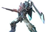  blue energy_sword foreshortening glowing glowing_eyes gun gundam gundam_seed gundam_seed_astray lens_flare mecha no_humans paintedmike scope simple_background sword weapon white_background 