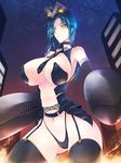  1girl blue_hair breasts city fire giantess haganef highres large_breasts night pixiv_manga_sample resized short_hair thighhighs 