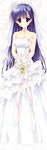  1girl absurdres blue_hair blush breasts choker cleavage dakimakura dress earrings feng flower gloves highres hoshizora_e_kakaru_hashi incredibly_absurdres jewelry koumoto_madoka long_hair official_art purple_eyes ribbon ryohka ryouka_(suzuya) smile wedding_dress 