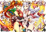  blush braid breast_press china_dress chinese_clothes dress earrings elbow_gloves fire gloves green_eyes jewelry leilan_(p&amp;d) light_valkyrie_(p&amp;d) long_hair multiple_girls puzzle_&amp;_dragons red_eyes red_hair side_ponytail silver_hair sword symmetrical_docking valkyrie_(p&amp;d) weapon wings yuu_(asaiyuji) 