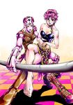  absurdres barefoot green_eyes highres jojo_no_kimyou_na_bouken midriff multiple_girls official_style pink_hair short_hair skirt spice_girl_(stand) stand_(jojo) taro9999 trish_una vento_aureo 