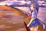  baisi_shaonian blue_hair clannad cloud hair_bobbles hair_ornament highres hikarizaka_private_high_school_uniform ichinose_kotomi long_hair purple_eyes school_uniform sky solo sunset two_side_up violin_case water 