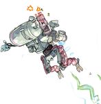  firing full_body hashimoto_shin hawken machinery mecha muzzle_flash no_humans scout_(hawken) shell_casing simple_background turret white_background 