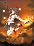  black_hair black_wings feathers geta hat hauchiwa jumping looking_at_viewer mushi_baibai red_eyes shameimaru_aya smile solo sunset tengu-geta tokin_hat touhou wings 