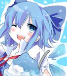  ;d blue_eyes cirno hair_ribbon ice ice_wings mushi_baibai one_eye_closed open_mouth ribbon shaved_ice short_hair smile solo star star-shaped_pupils symbol-shaped_pupils touhou wings 