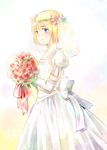  armin_arlert blonde_hair blue_eyes blush bouquet bow bridal_veil crossdressing dress elbow_gloves flower frills gloves male_focus moxue_qianxi otoko_no_ko puffy_sleeves shingeki_no_kyojin short_hair smile solo veil wedding_dress 