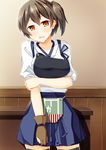  black_legwear blush breasts brown_eyes brown_hair fingerless_gloves gloves japanese_clothes kaga_(kantai_collection) kantai_collection large_breasts looking_at_viewer muneate open_mouth partly_fingerless_gloves short_hair side_ponytail single_glove solo sweatdrop syuurin thighhighs yugake 