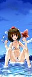  baisi_shaonian bikini black_hair breasts cloud day fan food hat hauchiwa highres looking_at_viewer medium_breasts open_mouth partially_submerged popsicle red_eyes shameimaru_aya short_hair sky solo swimsuit tokin_hat touhou water 