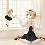  adapted_costume alice_margatroid blonde_hair blue_dress blue_eyes curtains dress flower hairband high_heels jacket lispict long_hair long_sleeves open_clothes open_jacket outstretched_hand pantyhose red_footwear shanghai_doll shoes short_hair sitting touhou wariza window 