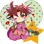  bad_id bad_pixiv_id basket bottle brown_hair chibi coconut crossdressing dress green_eyes heart heart-shaped_pupils jojo_no_kimyou_na_bouken joseph_joestar_(young) male_focus o3o one_eye_closed otoko_no_ko sakaumi solo symbol-shaped_pupils tequila 