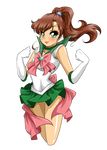  2013 aryiane back_bow bishoujo_senshi_sailor_moon bow brown_hair choker circlet clenched_hands dated elbow_gloves gloves green_choker green_eyes green_sailor_collar green_skirt highres kino_makoto lips looking_at_viewer miniskirt pink_bow ponytail sailor_collar sailor_jupiter sailor_senshi_uniform signature skirt smile solo transparent_background white_gloves 