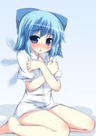  blue_eyes blue_hair blush bow cirno covering covering_breasts gradient gradient_background hair_bow ice ice_wings looking_at_viewer masiromu naked_shirt open_clothes open_mouth open_shirt puffy_sleeves shirt short_sleeves sitting solo touhou wariza wings 
