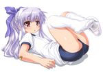  3.1-tan bandaid blush bow buruma dd_(ijigendd) gym_uniform hair_bow legs_up long_hair os-tan red_eyes silver_hair simple_background solo thighhighs white_background white_legwear 