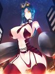  1girl blue_hair breasts city fire giantess haganef highres large_breasts necktie night short_hair thighhighs 