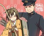  1girl 43 ^_^ arrow black_hair blush bow_(weapon) brown_hair closed_eyes gloves hat hiryuu_(kantai_collection) imperial_japanese_navy japanese_clothes kantai_collection military partly_fingerless_gloves petting short_hair smile soldier weapon yagasuri yamaguchi_tamon yugake 