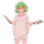  alternate_costume cleaver green_hair kappougi kazami_yuuka kitchen_knife knife looking_at_viewer mitsumoto_jouji naked_kappougi red_eyes shaded_face simple_background smile solo touhou white_background 