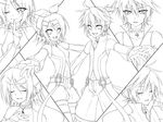  1girl closed_eyes finger_to_mouth greyscale hair_ornament hairclip headphones highres kagamine_len kagamine_rin lineart monochrome one_eye_closed outstretched_arms short_hair smile transparent_background ueno_tsuki vocaloid 