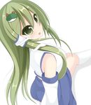  bare_shoulders chimunge detached_sleeves frog_hair_ornament green_eyes green_hair hair_ornament highres kneehighs kochiya_sanae long_hair long_sleeves looking_at_viewer looking_back open_mouth shirt simple_background sitting skirt snake_hair_ornament solo touhou very_long_hair white_background white_legwear 