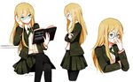  adjusting_eyewear arm_support blazer blonde_hair book crossed_arms crossed_legs danganronpa danganronpa_1 genderswap genderswap_(mtf) glasses green_eyes jacket kei-chan_(atlas_kei) long_hair pantyhose pleated_skirt sitting skirt solo sweat togami_byakuya 