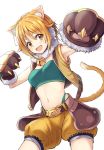  1girl :d animal_ear_fluff animal_ears armpits bandeau bangs bare_shoulders bell belt blonde_hair blush breasts cat_ears cat_paws cat_tail cowboy_shot crop_top dargo earmuffs fur_collar green_panties green_shirt hair_ornament hairclip harusaki_hiyori highleg highleg_panties jingle_bell legs_apart looking_at_viewer medium_breasts midriff navel open_mouth panties paws princess_connect! princess_connect!_re:dive puffy_shorts shirt short_hair shorts sidelocks simple_background smile solo standing tail underwear v-shaped_eyebrows vest white_background yellow_eyes yellow_shorts yellow_vest 