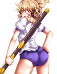  alternate_costume ass brown_eyes brown_hair buruma earmuffs gym_uniform hand_on_hip highres looking_back scabbard sheath touhou toyosatomimi_no_miko zan_(harukahime) 