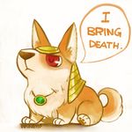  corgi cute dialog dog english_text feral gem hat headdress inkinesss jewelry league_of_legends lol_comments mammal nasus pendant red_eyes solo speech_bubbles text 