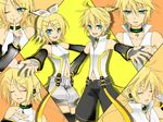  1girl blonde_hair closed_eyes colorized darklowell finger_to_mouth green_eyes hair_ornament hairclip headphones kagamine_len kagamine_rin one_eye_closed outstretched_arms short_hair smile vocaloid 