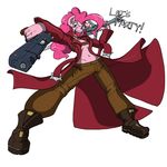  anthro anthrofied blue_eyes clothing coat cosplay devil_may_cry equine female friendship_is_magic fur gun hair horse mammal my_little_pony navel open_mouth parody pink_fur pink_hair pinkie_pie_(mlp) plain_background pony ranged_weapon reiduran solo sword weapon white_background 