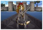  angry armor breasts brown_hair castle detailed_background detts feline female green_eyes hair stripes sword tamara tiger weapon 