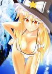  alternate_costume bent_over bikini blonde_hair blush bow braid breasts cleavage collarbone hand_on_hip hat hat_bow highres kirisame_marisa large_breasts long_hair miru1979 orange_eyes single_braid smile solo star swimsuit touhou very_long_hair wet white_bikini white_bow witch_hat 